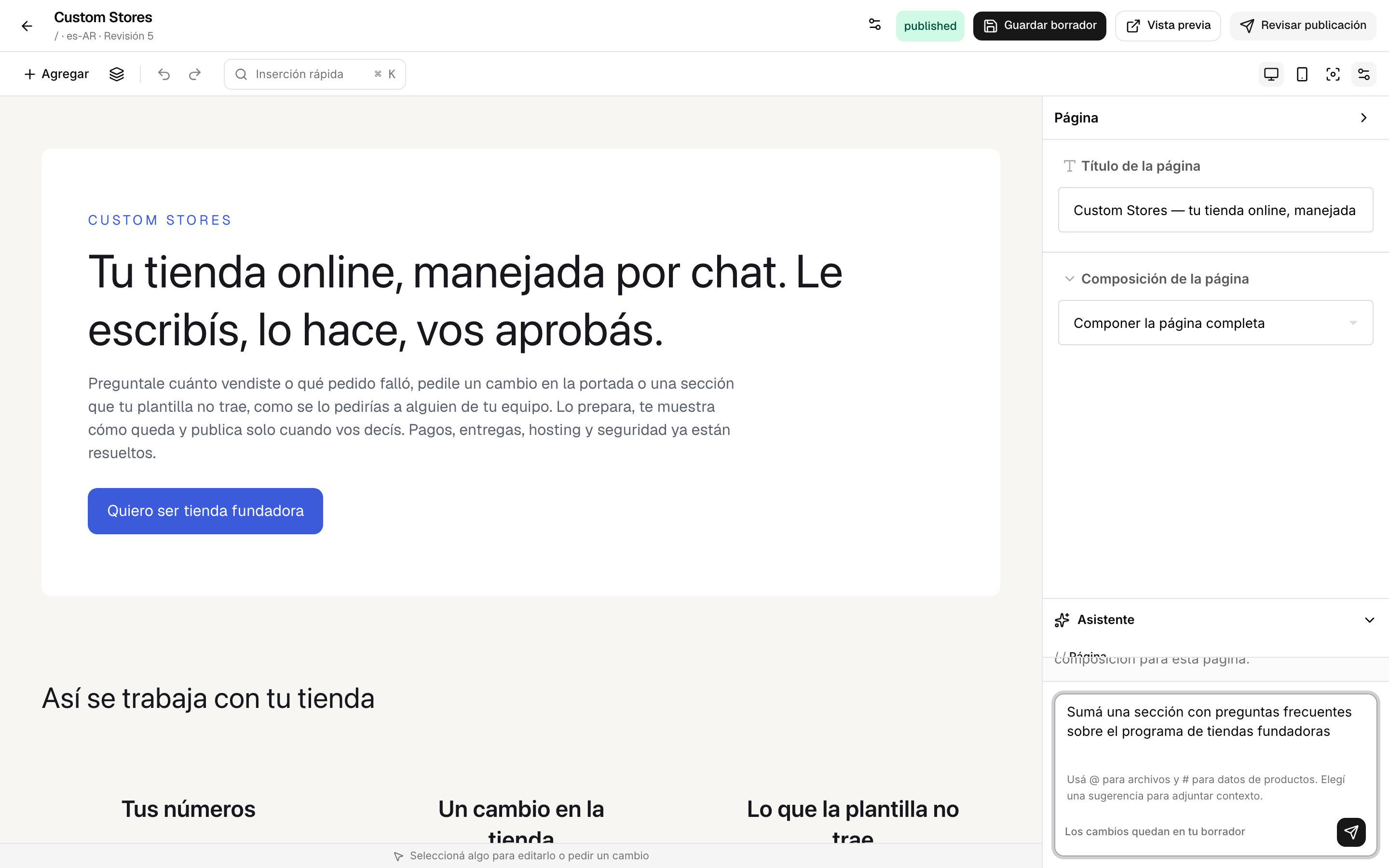El editor visual de Custom Stores editando esta misma página, con un pedido escrito en el asistente