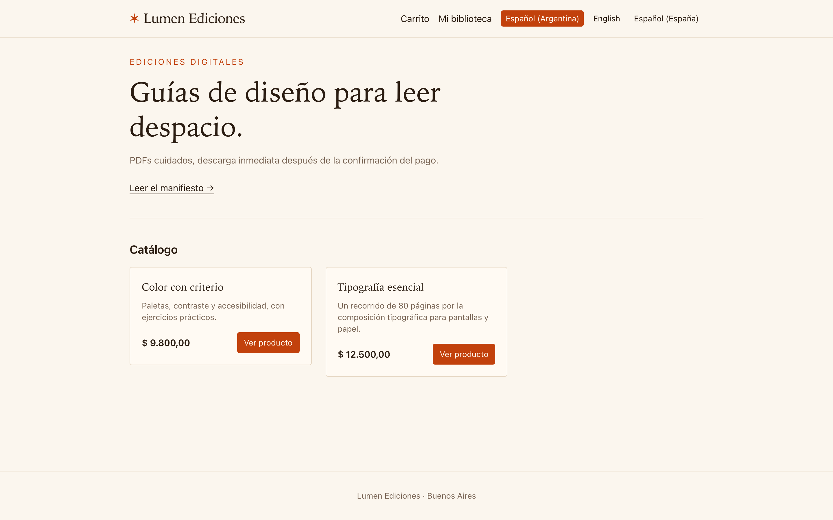 Portada de Lumen Ediciones, una tienda de demostración hecha con Custom Stores